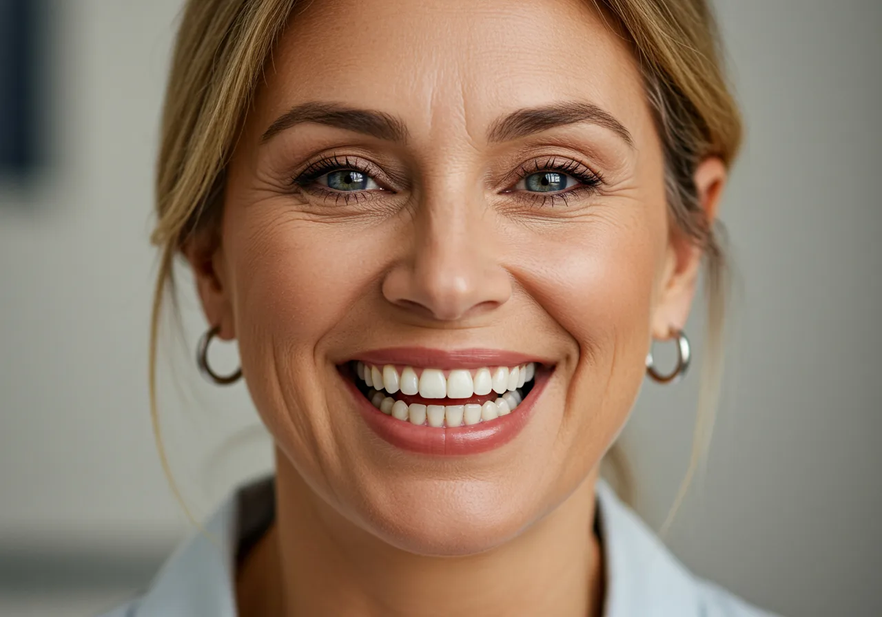 Freepik A 50yearold Woman Smiling Broadly Showing A Full Restored Smile With Multiple Dental Implants. Warm Skin Tones Natural Light Closeup Portrait Photorealistic Lifestyle Photography. 0001 | 44010585q