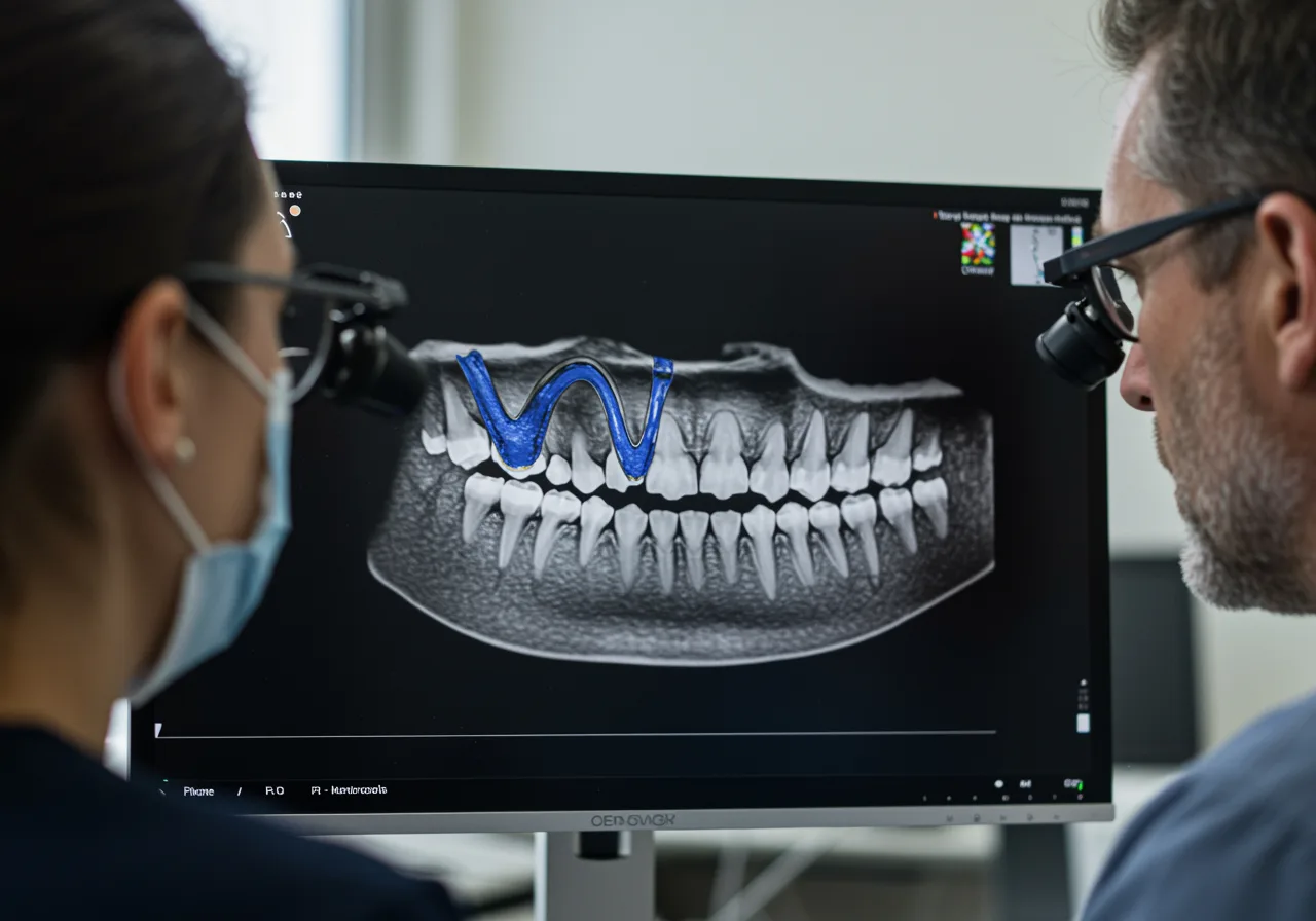 Freepik Cbct 3d Dental Scan On Clinical Monitor Complex Curved Calcified Canals Highlighted Focused Endodontist In Surgical Loupes Observing 0001 | 44010585q