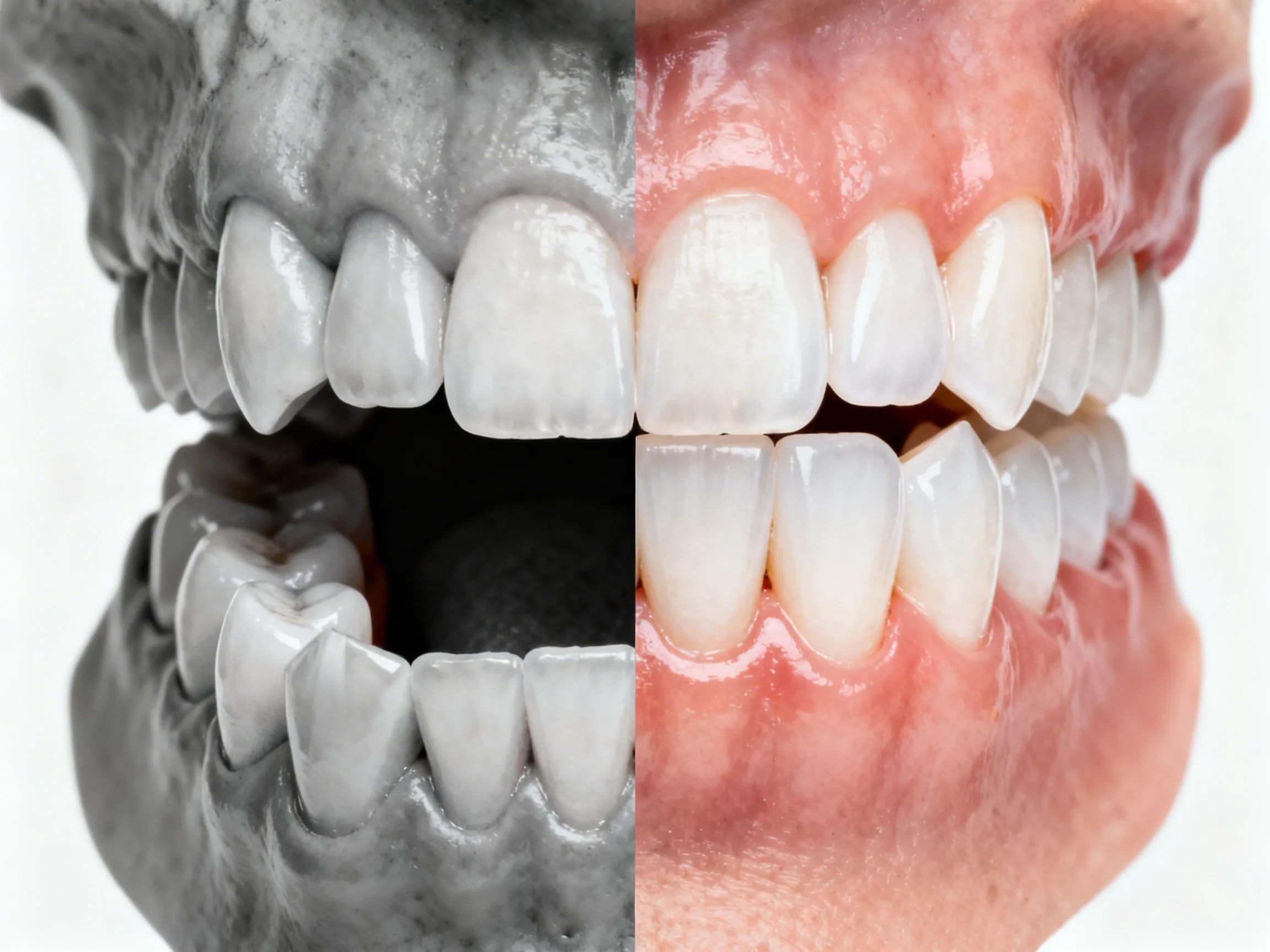 Freepik Closeup Occlusal Splitscreen Left Severe Crowded Malocclusion Open Bite Right Corrected Ideal Aligned Occlusion Neutral White Background Sharp Tooth Surface Detail 0001 | 44010585q